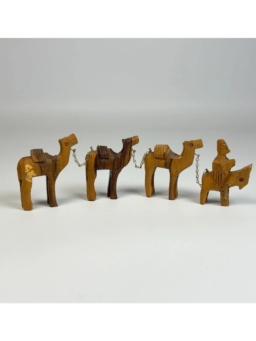 4 Hand Carved Wooden Camel Figurines with Chain Links Rustic Folk Art Decor